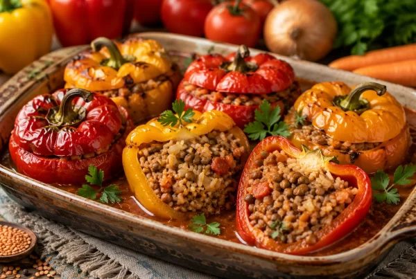 Пълнени чушки с леща Stuffed Peppers with Lentils, Soy Mince, or Mushrooms