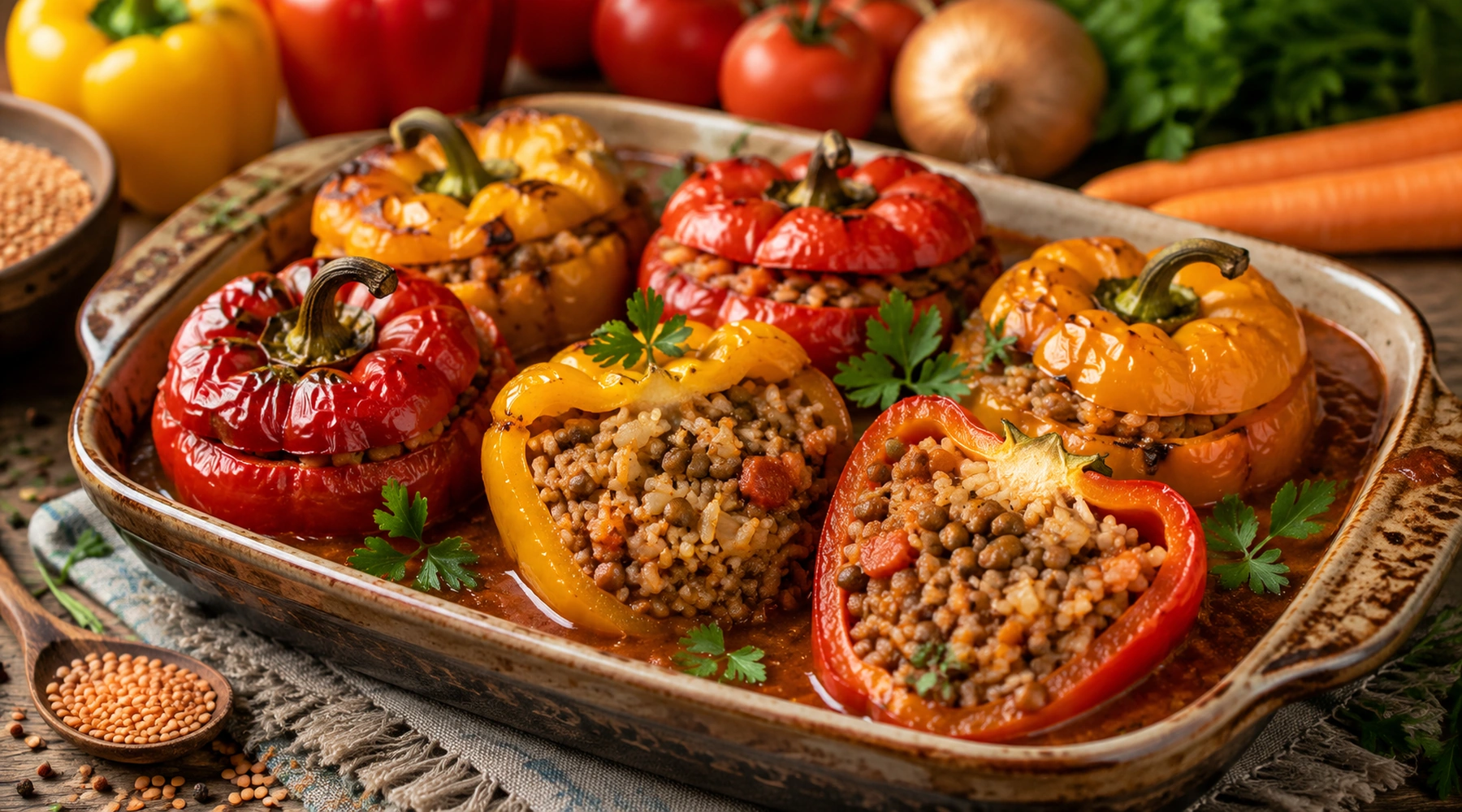 Пълнени чушки с леща Stuffed Peppers with Lentils, Soy Mince, or Mushrooms