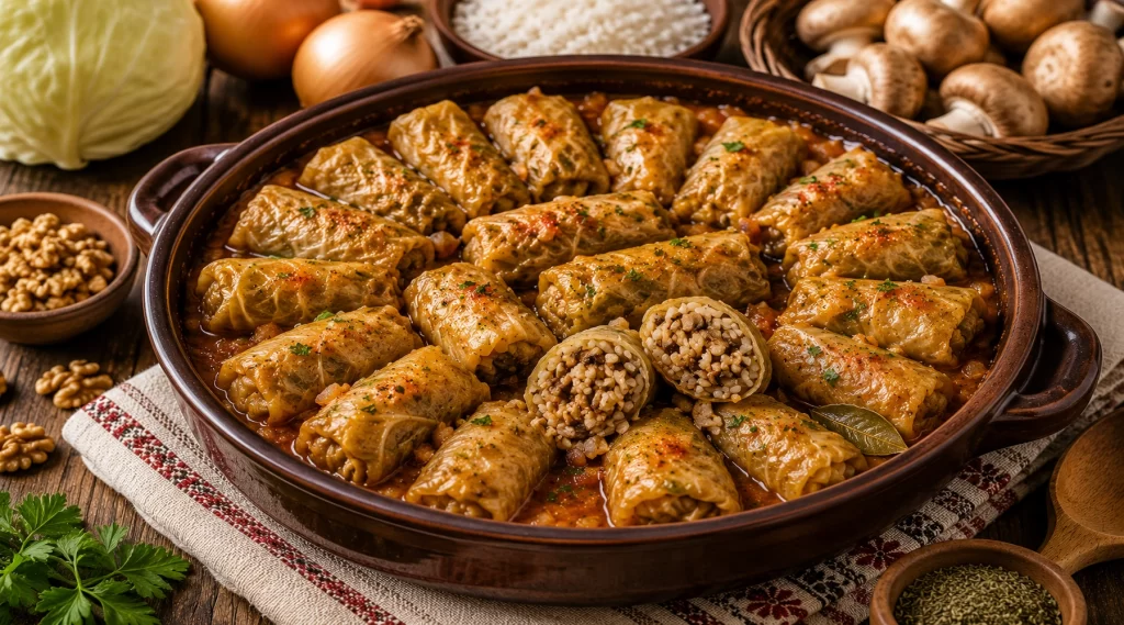 Сарми с ориз, гъби и орехи Stuffed Cabbage Rolls with Rice, Mushrooms, and Walnuts