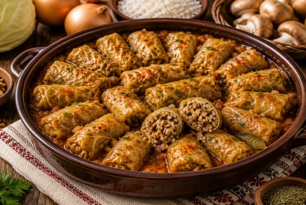 Сарми с ориз, гъби и орехи Stuffed Cabbage Rolls with Rice, Mushrooms, and Walnuts