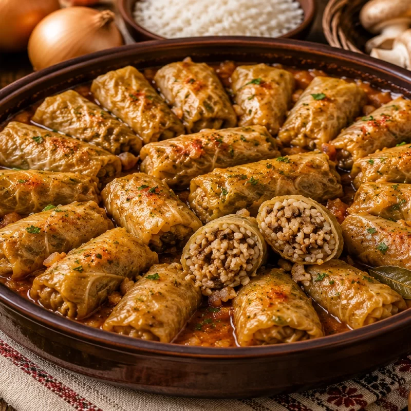 Сарми с ориз, гъби и орехи Stuffed Cabbage Rolls with Rice, Mushrooms, and Walnuts