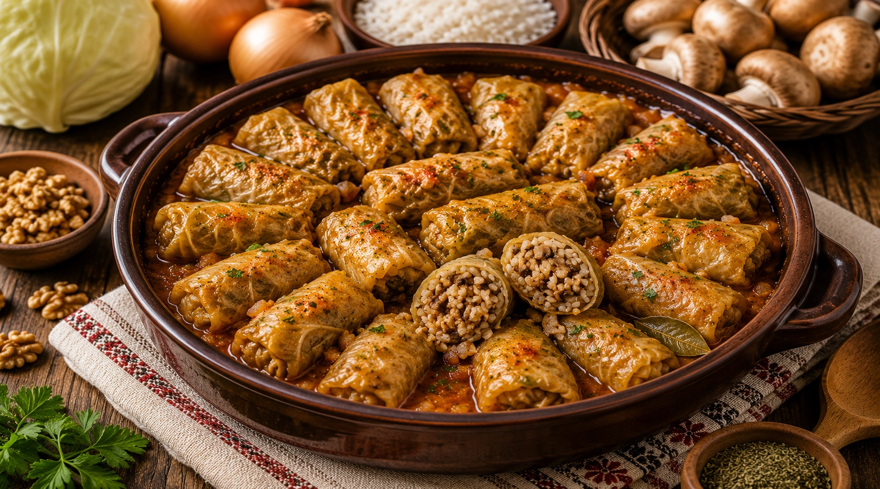 Сарми с ориз, гъби и орехи Stuffed Cabbage Rolls with Rice, Mushrooms, and Walnuts