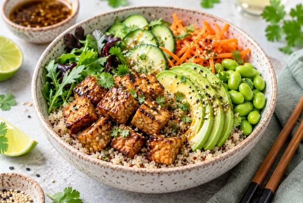 Киноа купа с темпе, авокадо и едамаме Quinoa bowl with tempeh, avocado and edamame