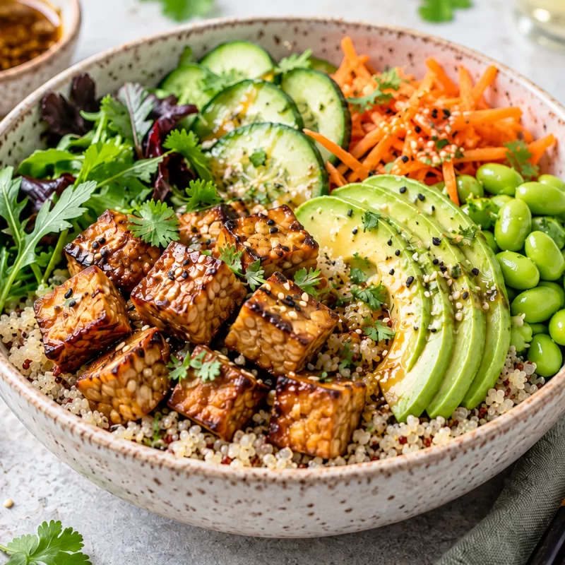 Киноа купа с темпе, авокадо и едамаме Quinoa bowl with tempeh, avocado and edamame