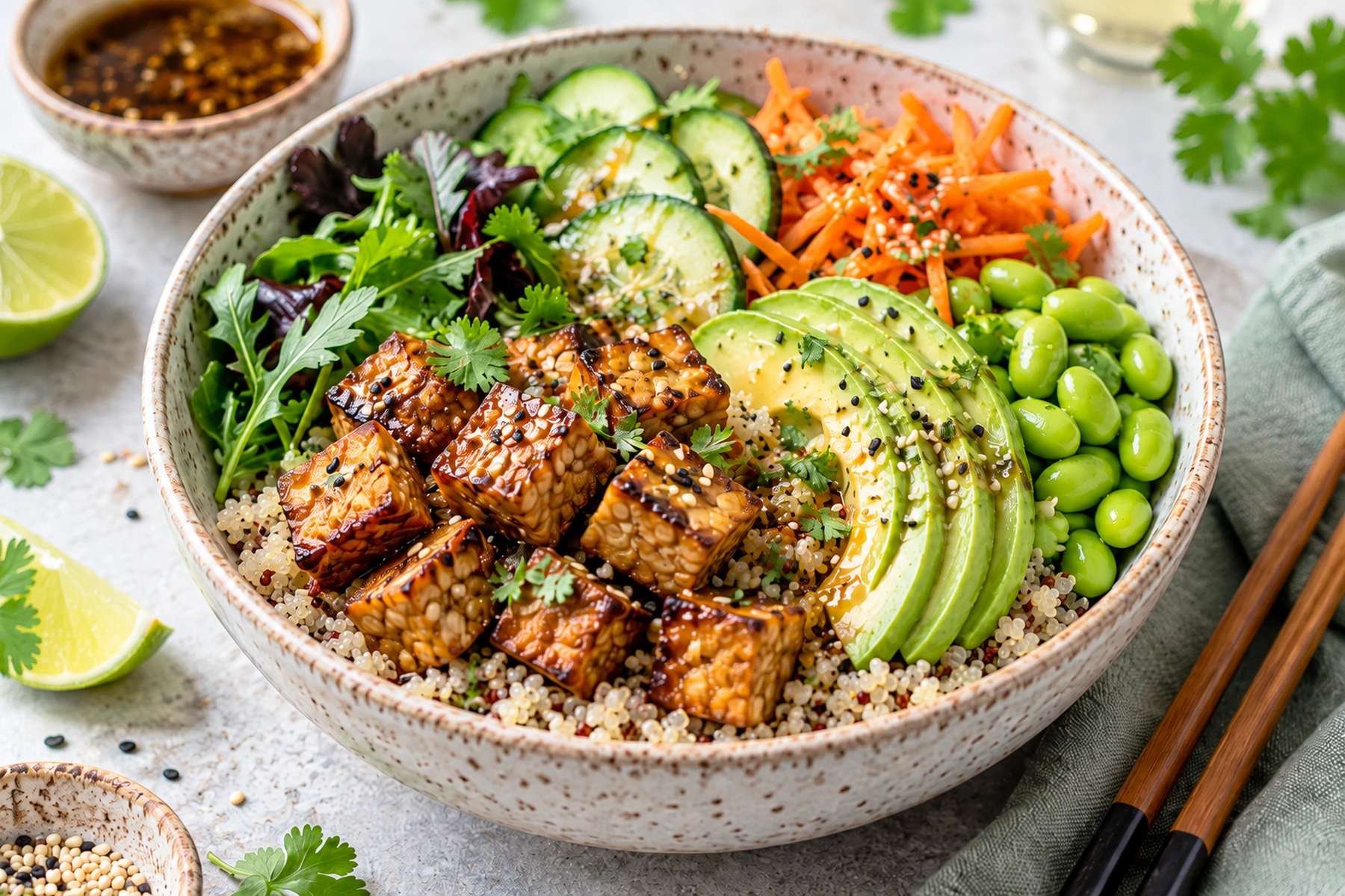 Киноа купа с темпе, авокадо и едамаме Quinoa bowl with tempeh, avocado and edamame