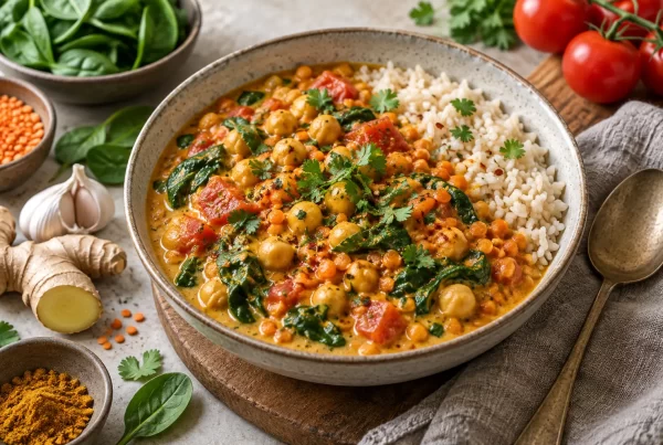 Кремообразно къри с нахут, червена леща и кокосово мляко Creamy curry with chickpeas